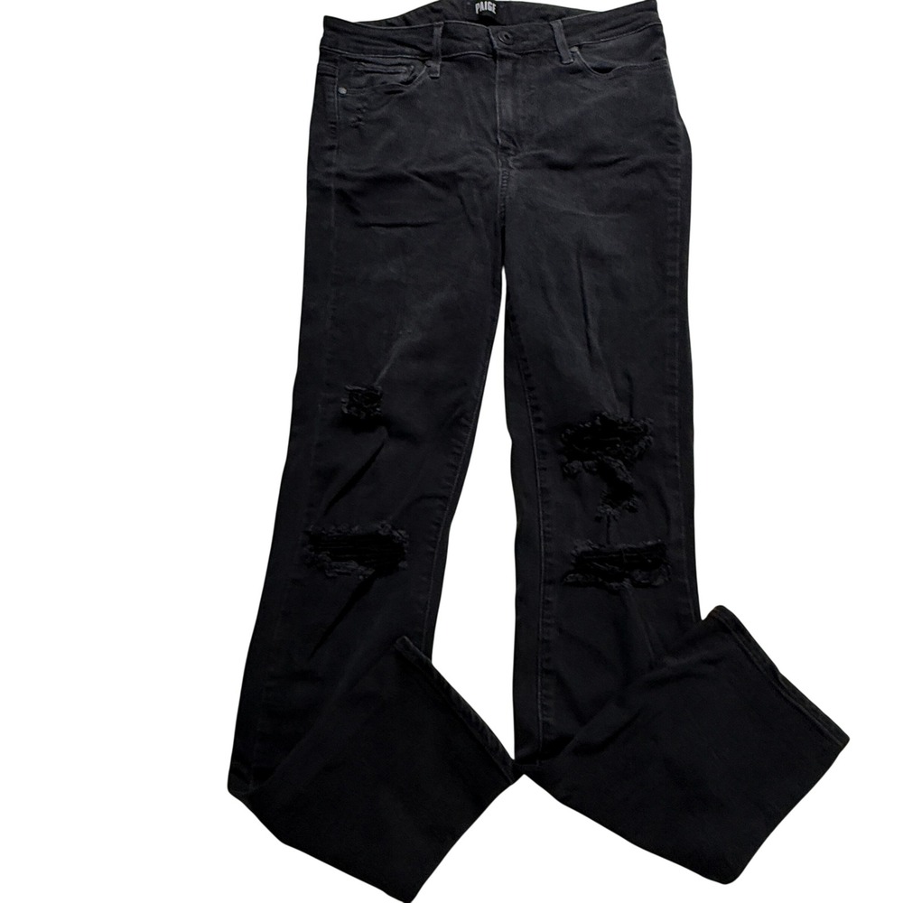 Paige Hoxton Crop‎ Rollup Jeans Women 28 Black Distressed High Rise Skinny Denim